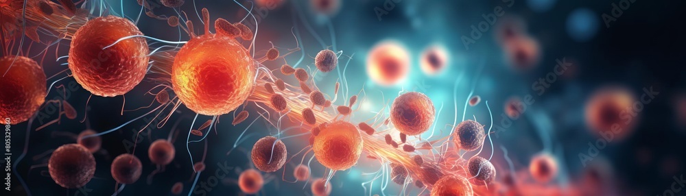Poster a close up of red cells with a blue background. the red cells are clustered together and appear to b