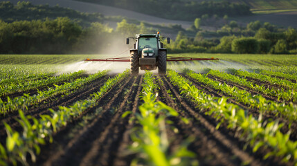 Tractor spray fertilize field with insecticide herbicide chemicals in agriculture field.Genaerative Ai.