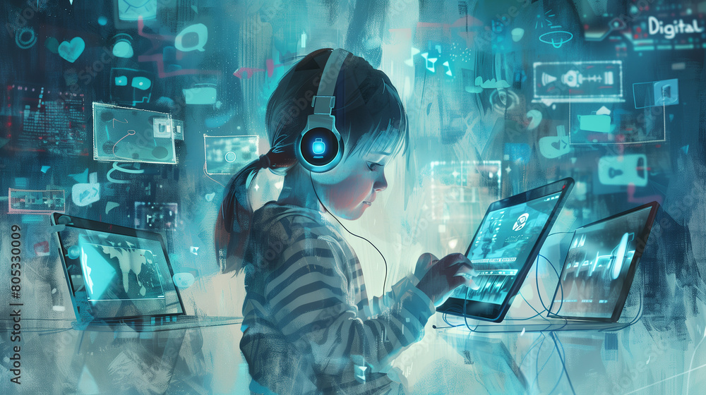 Poster the concept of digital native with an image showing a child effortlessly navigating multiple digital