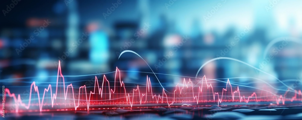 Poster a red and blue line graph with a city in the background