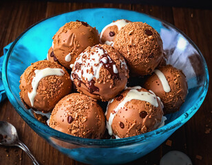 Top view of chocolate ice cream balls with hazelnut sprinkles