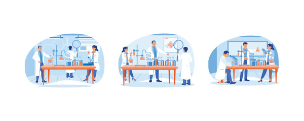 Scientists in the laboratory room. Wearing lab coats. Doing scientific research in the laboratory. Laboratory concept. Set flat vector illustration.