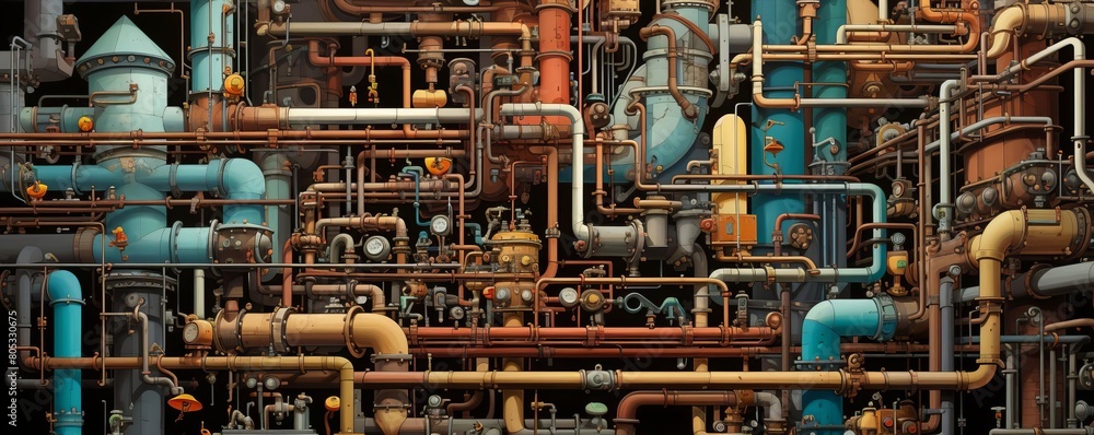 Poster a very colorful and detailed image of a large industrial pipe system. the image is full of different