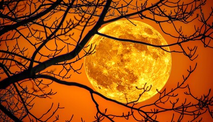The full moon rises over a spooky, leafless tree.