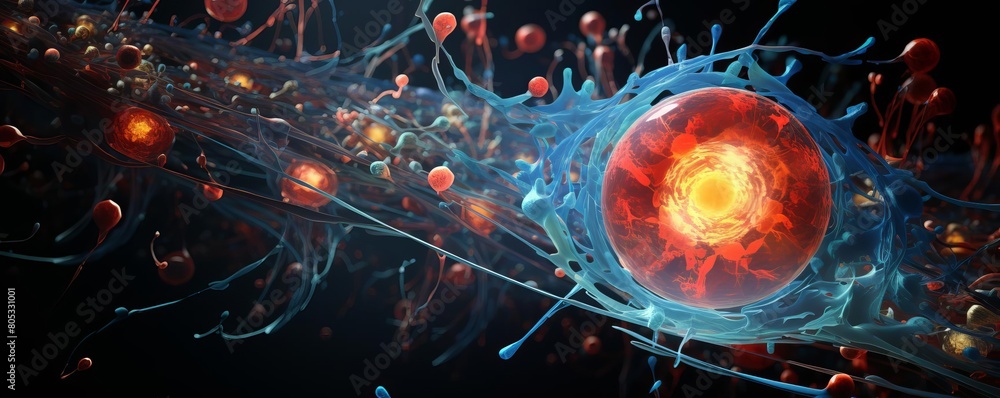 Aufkleber a colorful image of a cell with a red nucleus and blue cytoplasm. the image is abstract and has a dr