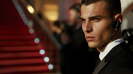 Bodyguard at a high-profile gala, his intense gaze suggesting alertness and professionalism. Red staircase, his presence underscores a narrative of security and exclusivity at a glamorous event
