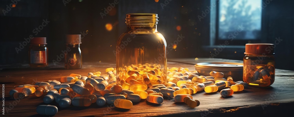 Poster a jar of pills is on a table with other pill bottles. the pills are scattered around the jar, creati