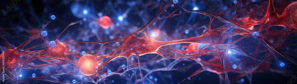 Poster a blue and red image of a brain with many neurons. the image is abstract and has a mood of mystery