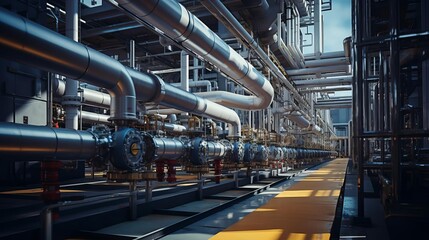 Obraz premium A long, narrow room with many pipes and valves. The room is filled with pipes and valves, and the yellow floor is visible. The room appears to be a control room for a large industrial facility