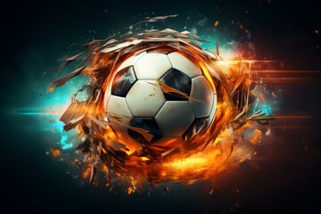 Fototapeta premium Chaotic Soccer ball explosion. Goal fire. Generate Ai