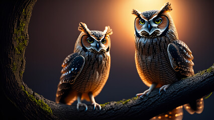 An owl waits in the darkness of the night on a tree to hunt. The sun is setting in the background and a dim light shines between light and dark