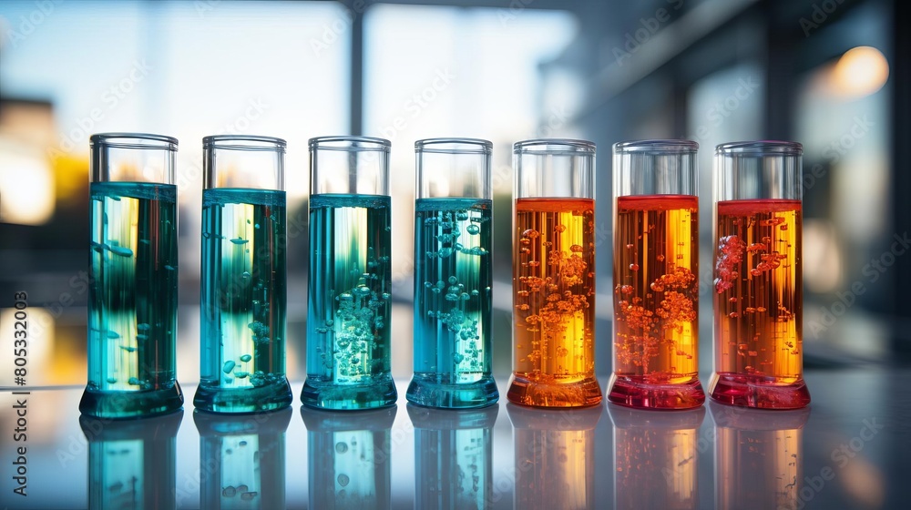 Poster a row of colorful glasses filled with different colored liquids. the glasses are lined up in a row, 