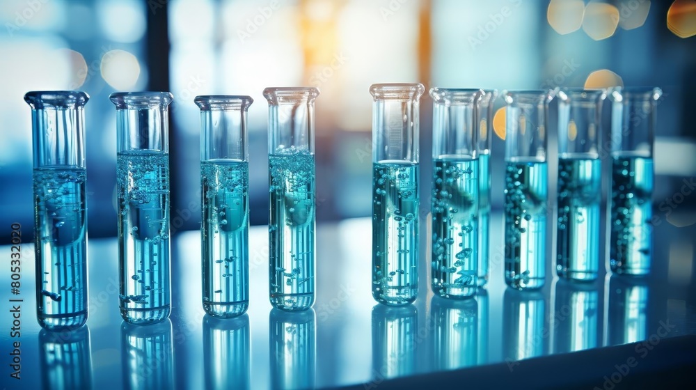 Poster a row of blue test tubes are lined up on a table. the tubes are filled with a clear liquid, and they