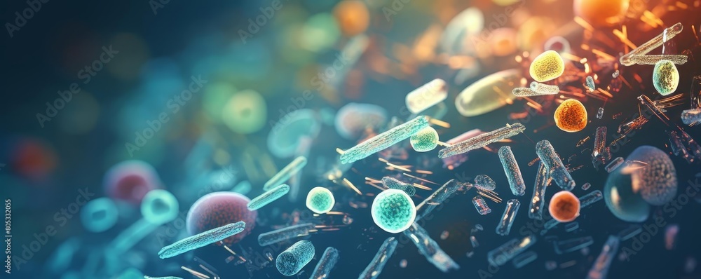 Poster a colorful image of bacteria and viruses floating in a blue background. concept of chaos and disorde