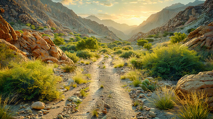 Scenic desert landscape with rugged mountains under a clear blue sky, epitomizing the harsh beauty...