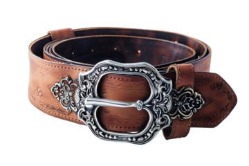 Intricate silver buckle on brown leather belt.