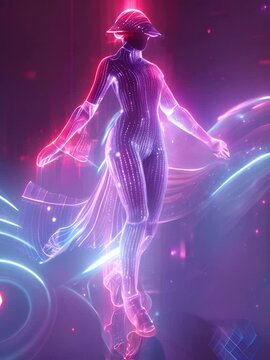 This captivating image depicts a dynamic futuristic scene of a holographic figure towering above with intricate details and a striking visual aesthetic The figure appears to be a cutting edge digital