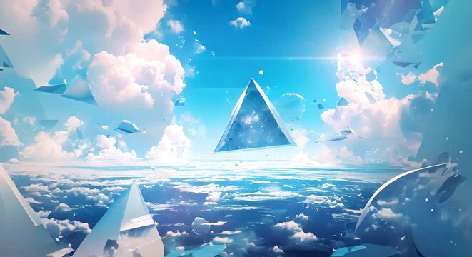 This captivating image depicts a surreal dreamlike landscape where the boundaries between reality and the digital world blur Floating geometric shapes glowing crystals and wispy clouds create a