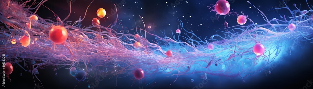 Poster a colorful image of many small spheres and lines. the spheres are of different colors and sizes, and