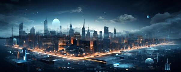 A cityscape with a large moon in the sky. The city is lit up at night, giving it a futuristic and mysterious vibe