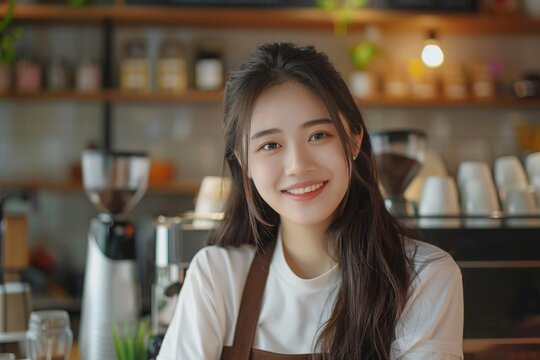 Happy Asian cafe owner smiling with coffee in apron.