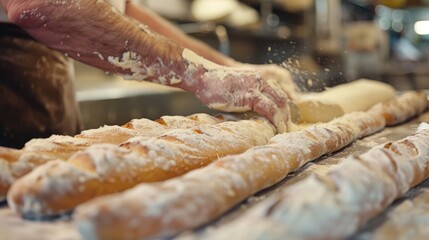 baker skillfully shaping dough into traditional baguettes