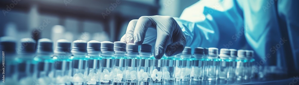 Poster a person is working with a row of bottles, possibly in a lab or factory setting. the bottles are all