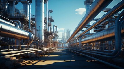 A large industrial plant with many pipes and tanks. The pipes are silver and the tanks are also silver. The plant is very large and has many different sections