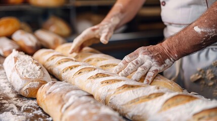 baker skillfully shaping dough into traditional baguettes