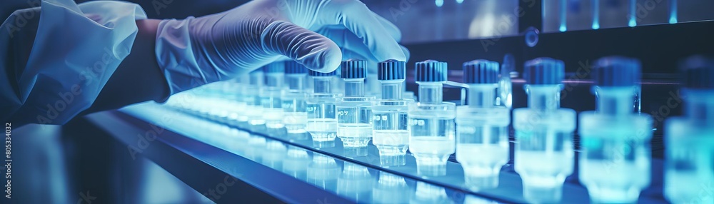 Poster a person is working with a row of clear bottles. the bottles are lined up on a counter and the perso