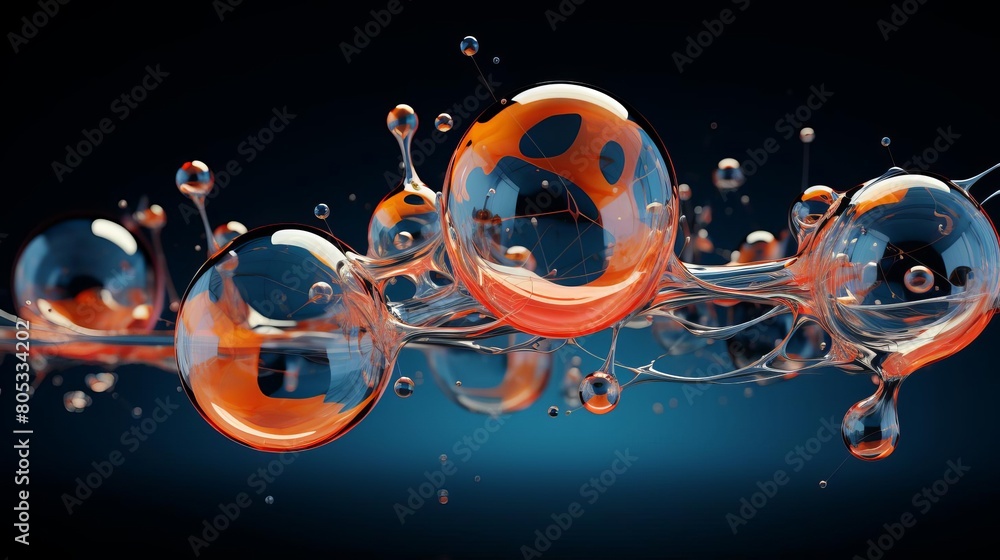 Poster a series of orange and blue spheres are floating in a blue background. the spheres are arranged in a