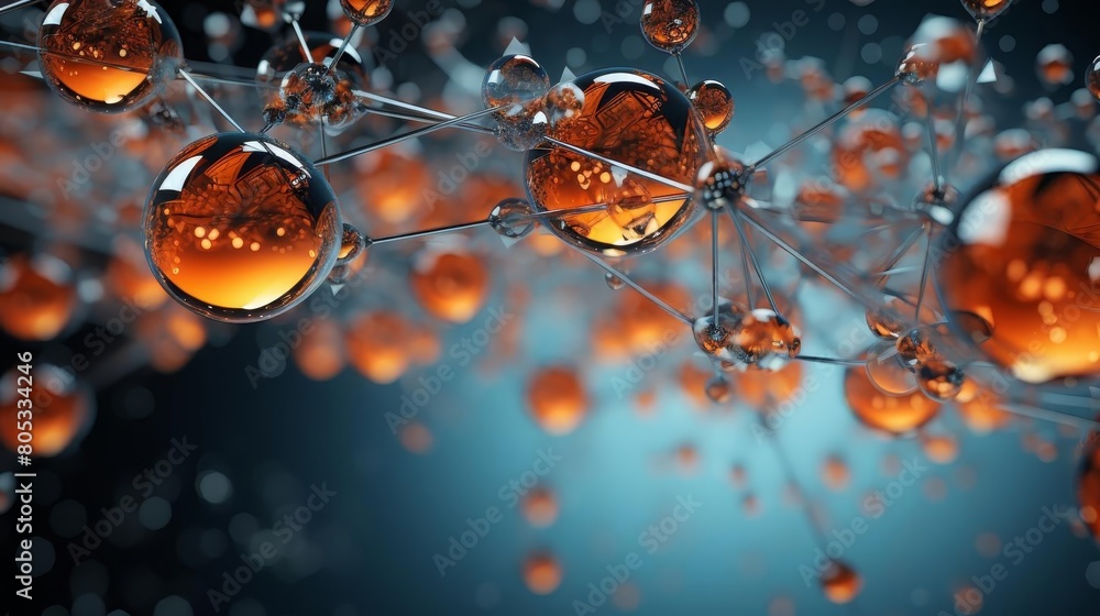 Poster a close up of a bunch of orange spheres that are connected to each other. the spheres are all differ