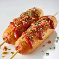 Two savory hotdogs garnished with ketchup and green onions, plated artistically on white porcelain
