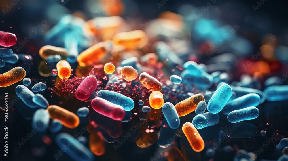 Poster a colorful image of bacteria and pills. the pills are in various colors and sizes, and the bacteria 