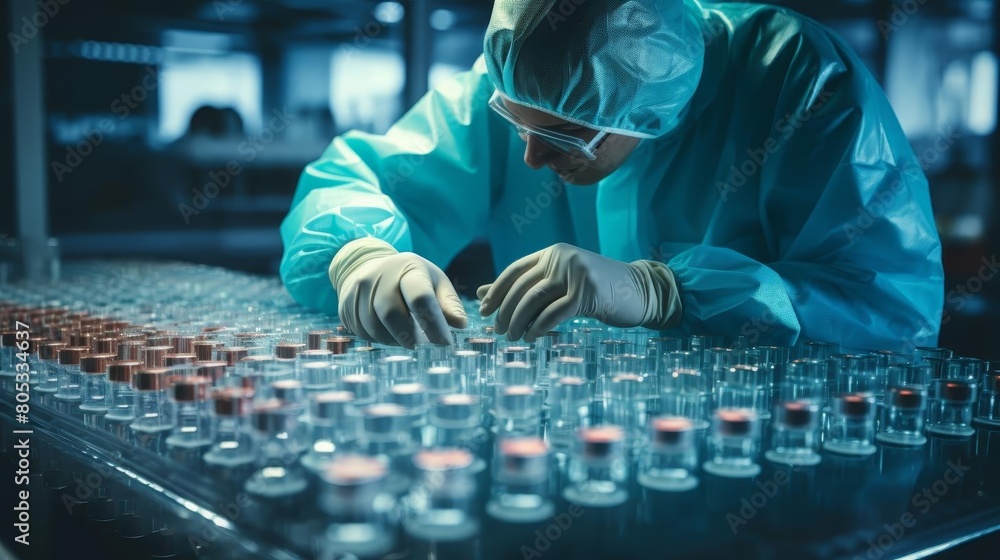 Poster a man in a lab coat is working with a tray of small glass bottles. the bottles are lined up on a tab