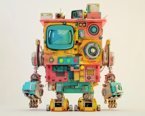 Artistic 3D depiction of a robot assembled from garbage displayed with a minimalist background to highlight recycling innovations.Model of a vibrant multi-colored house