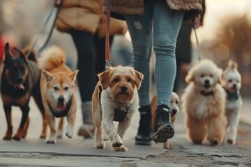 Professional dog walker with diverse pack in city.