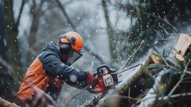 chainsaw-wielding worker cutting branches from fallen trees