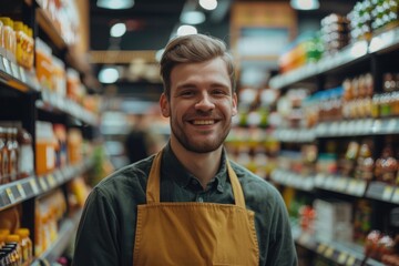 Naklejka premium Portrait of Smiling Supermarket Employee Among Shelves