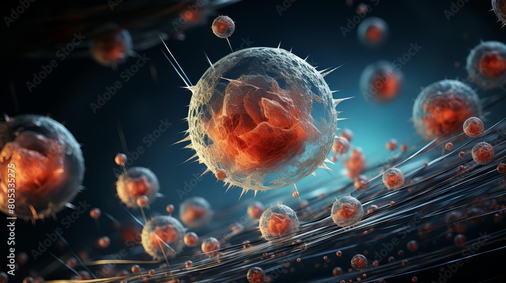Poster a cluster of red and white spheres are floating in a blue background. the spheres are arranged in a 