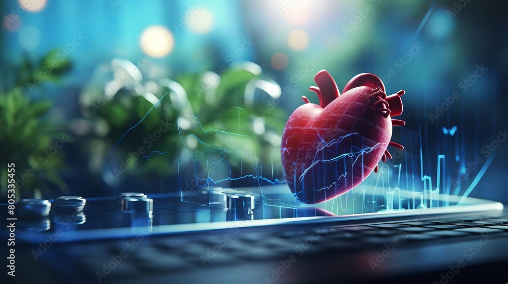 Poster a heart is shown on a computer screen with a keyboard and a plant in the background. the heart is su