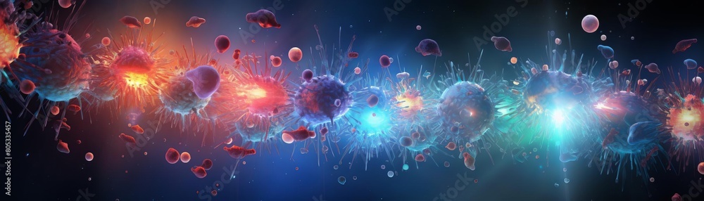 Poster a colorful explosion of space debris with a blue background. the debris is scattered in various size