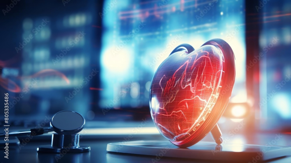 Poster a heart shaped object is on a table next to a stethoscope. the heart is red and the object is surrou