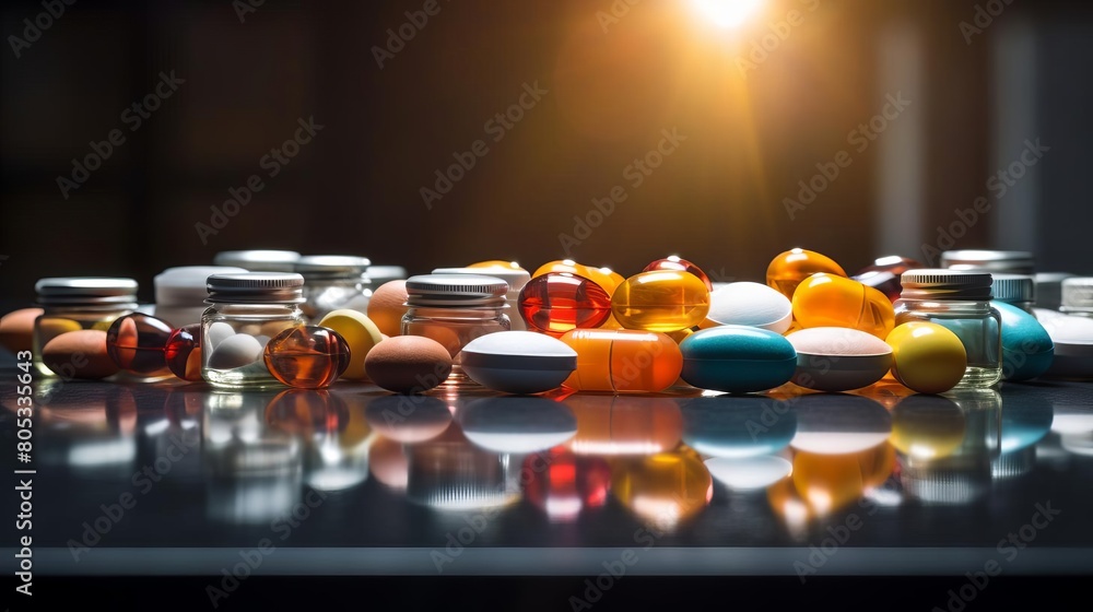 Poster a table full of different colored pills and capsules. the pills are of various shapes and sizes, and