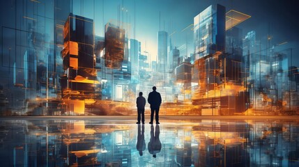 A cityscape with two people standing in front of a building. The city is lit up with neon lights...