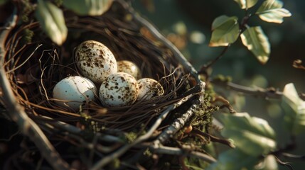 Obraz premium Close-up of a bird's nest adorned with delicate eggs waiting to hatch