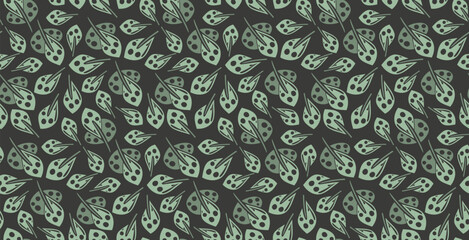 Vector seamless pattern with tropical leaf. Green and black eco background