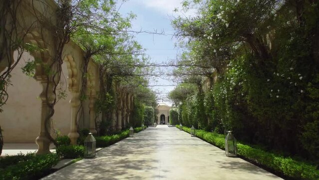 Palais Namaskar, Courtyard in luxurious Moroccan design, Drone view from Marrakech, Morocco