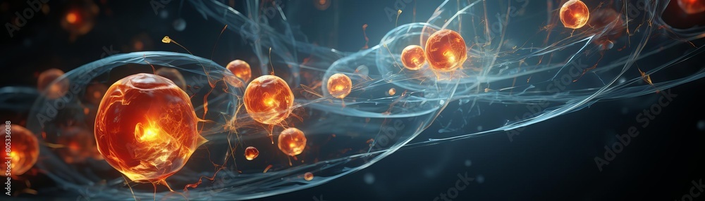 Poster a series of glowing red spheres are floating in a blue background. the spheres are arranged in a spi