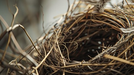 Close-up of a bird's nest woven intricately with twigs and feathers